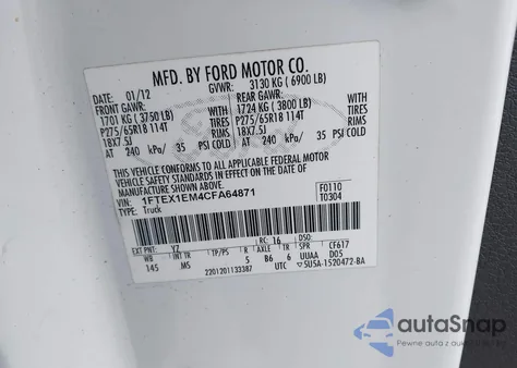 2012 Ford F-150 Xlt z USA, uszkodzony, nr VIN 1FTEX1EM4CFA64871